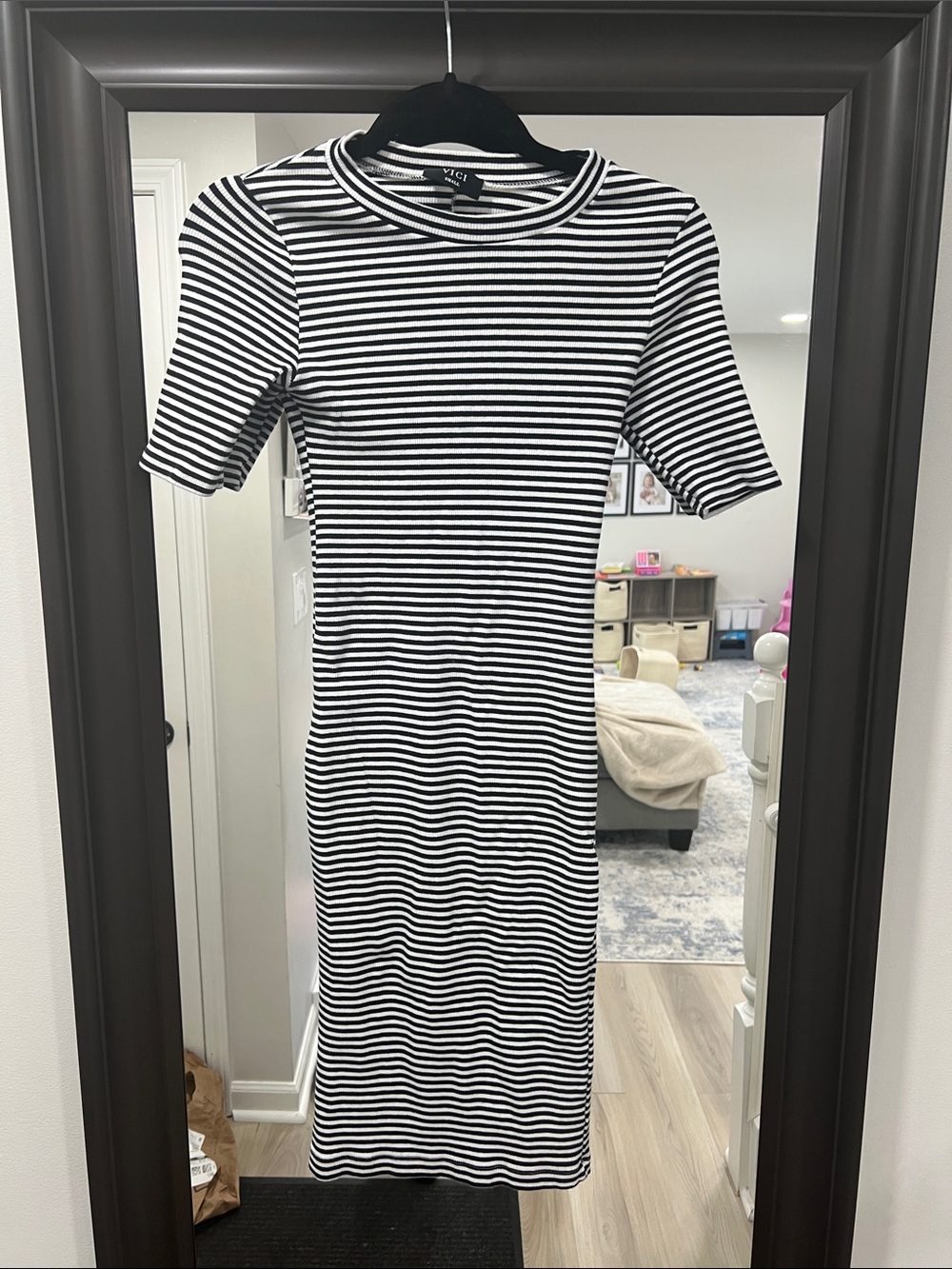VICI Black & White Striped Ribbed Midi Dress